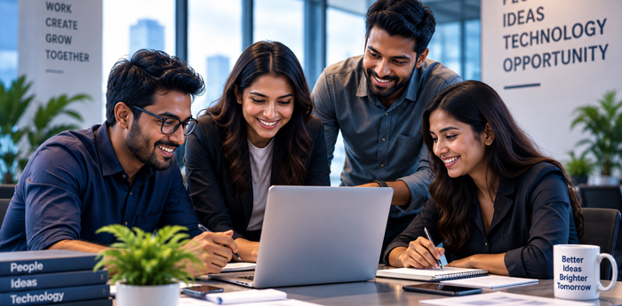 People working together with technology